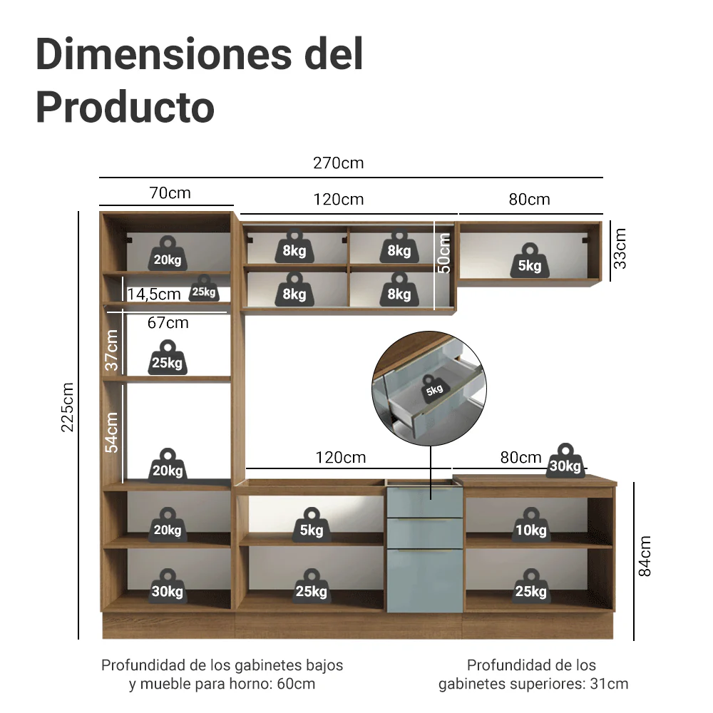 Combo Completo de Cocina 270 x 60 cm Marrón/Gris Lux Madesa 06 - Image 2