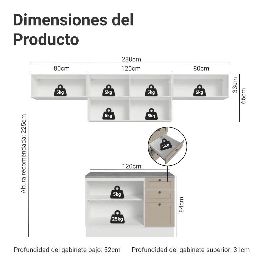 Combo completo de Cocina 280 cm Blanco/Crema Vik Madesa 01 - Image 2