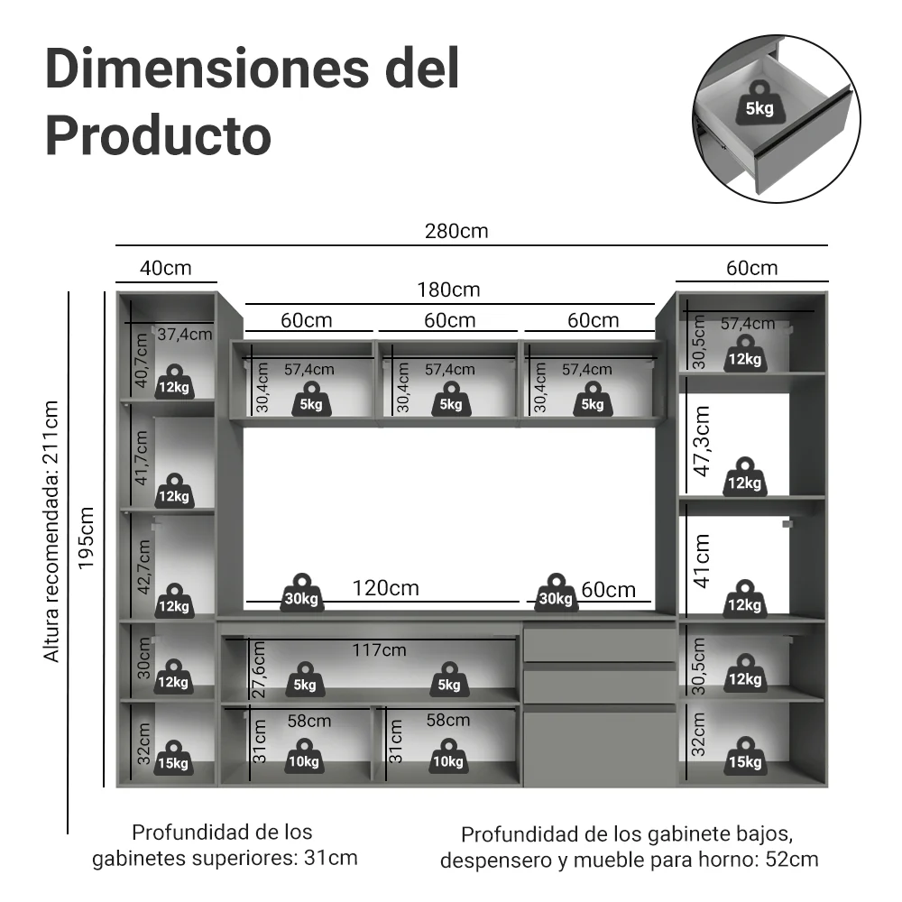 Combo completo de Cocina 280 cm, Flotante Gris Nice 06 - Image 2