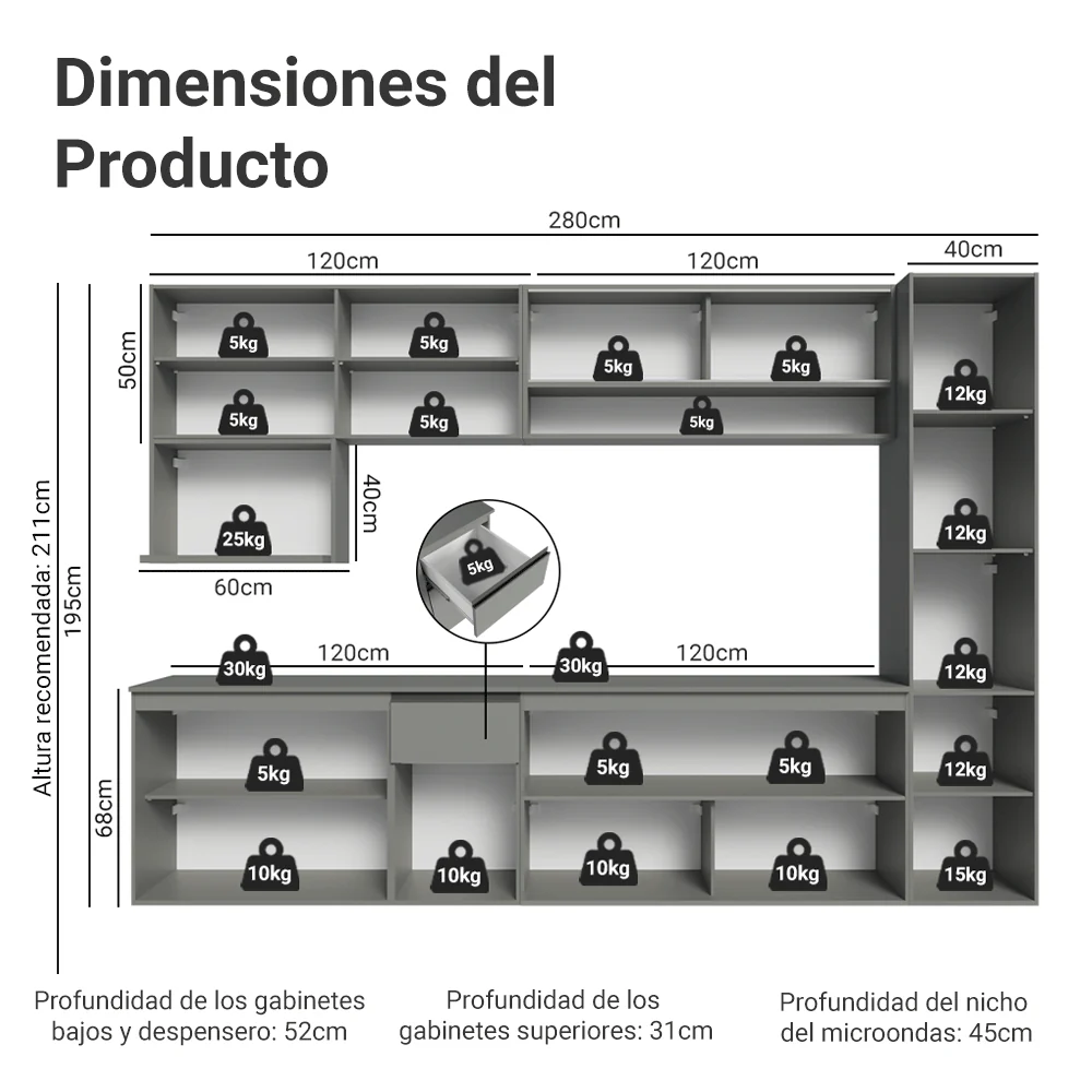 Combo completo de Cocina 280 cm Flotante Gris Nice Madesa 05 - Image 3