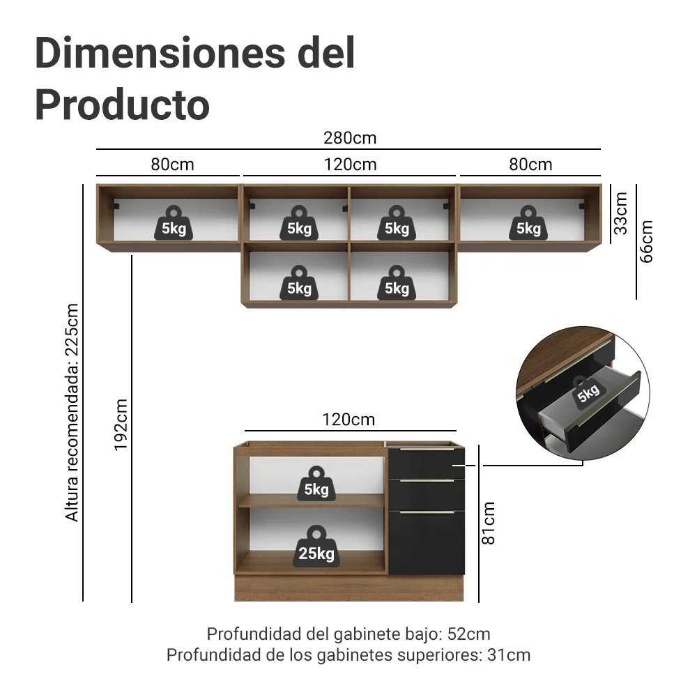 Combo Completo de Cocina 280 cm Marrón/Negro Lux Madesa 01 - Image 2