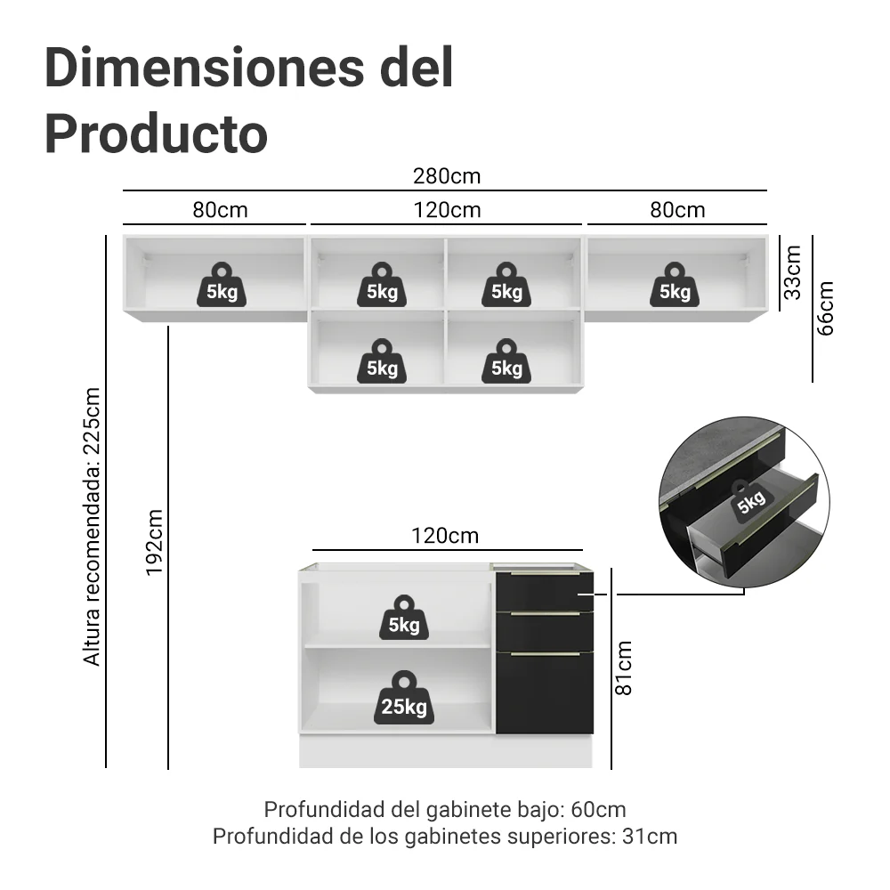 Combo completo de Cocina 280 x 60 cm Blanco/Negro Lux Madesa 02 - Image 2