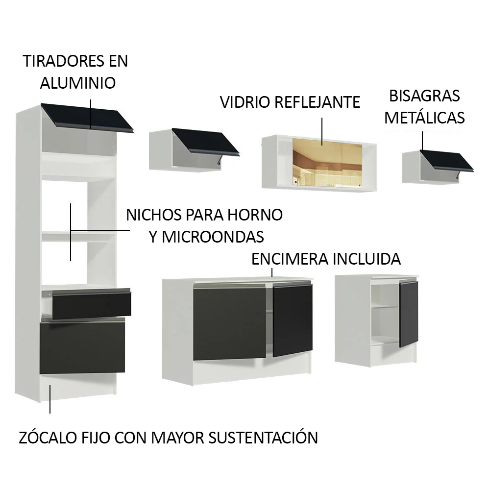 Combo Completo de Cocina 300 cm Blanco/Negro Diamante Madesa 02 - Image 4