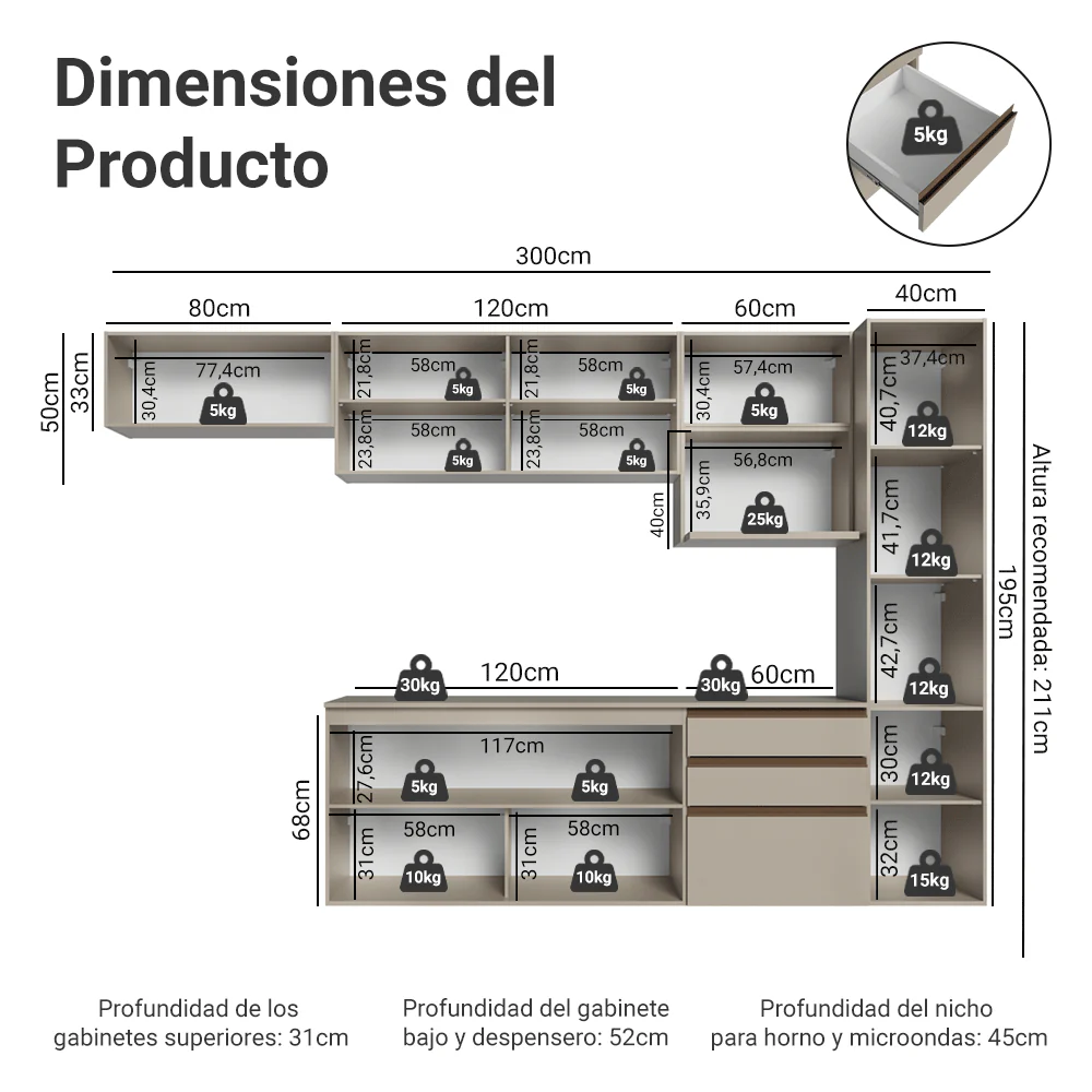 Combo completo de Cocina 300 cm, Flotante, Crema Nice 10 - Image 2