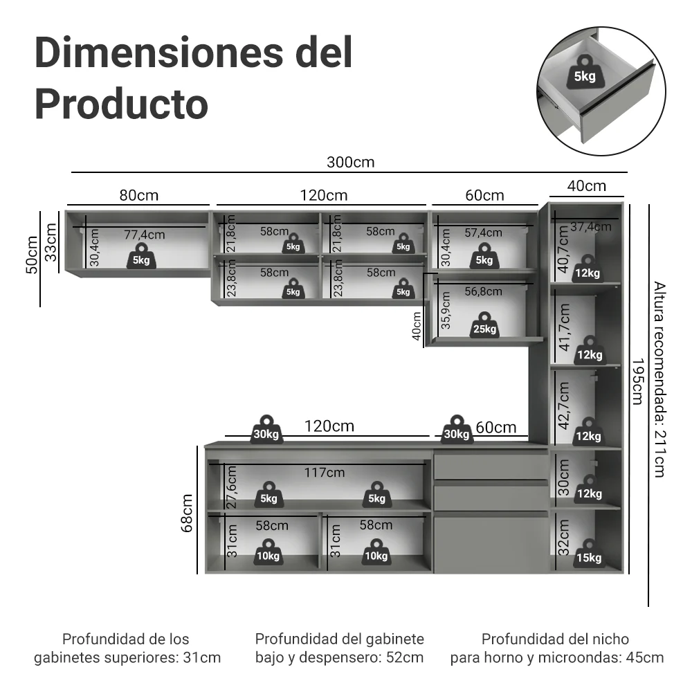 Combo completo de Cocina 300 cm, Flotante Gris Nice 10 - Image 2