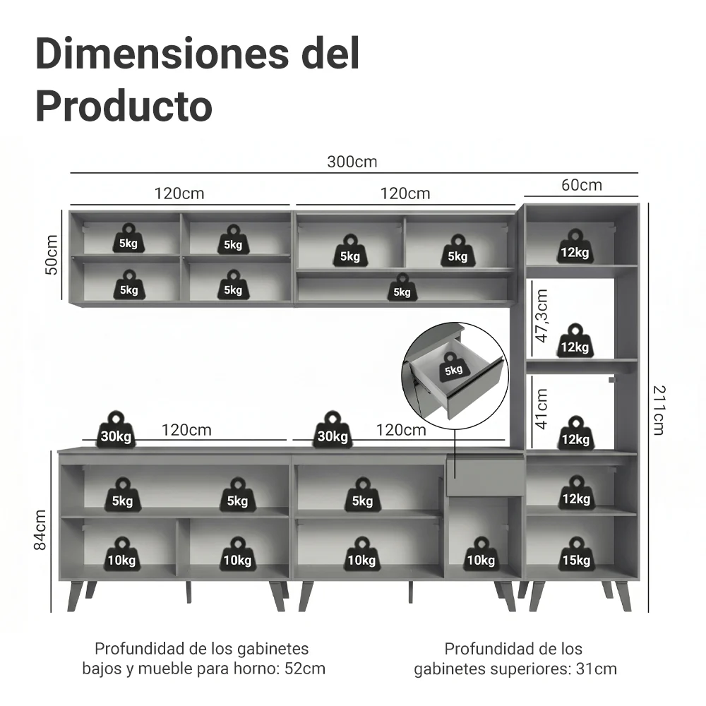 Combo Completo de Cocina 300 cm Gris Nice Madesa 01 - Image 6