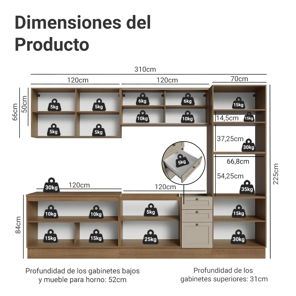 Combo completo de Cocina 310 cm Marrón/Crema Vik Madesa 01 - Image 2