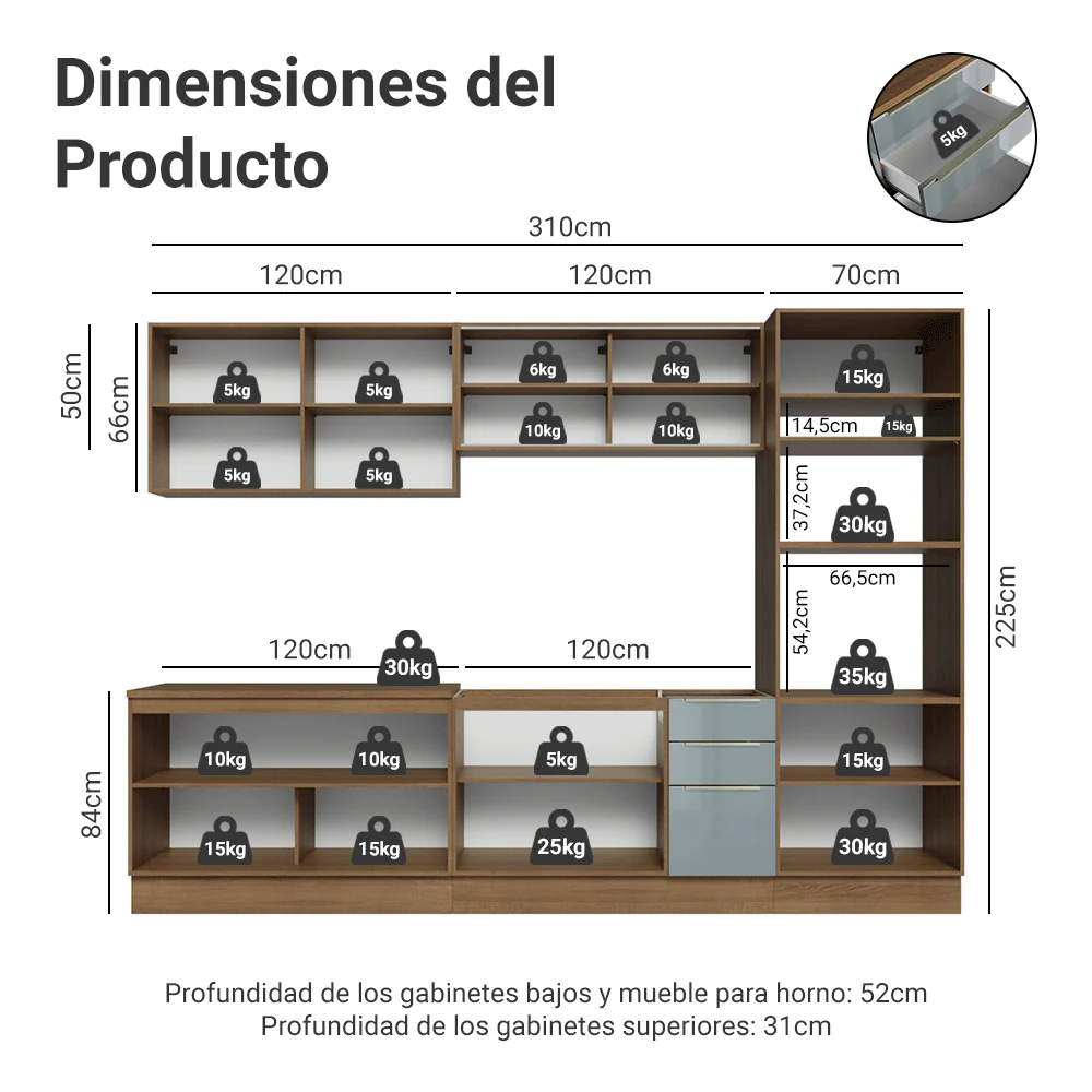 Combo Completo de Cocina 310 cm Marrón/Gris Lux Madesa 03 - Image 2