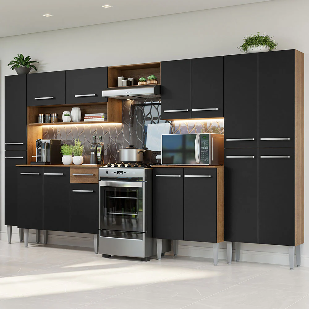 Combo completo de Cocina, 325 cm, Marrón/Negro, Emilly 02