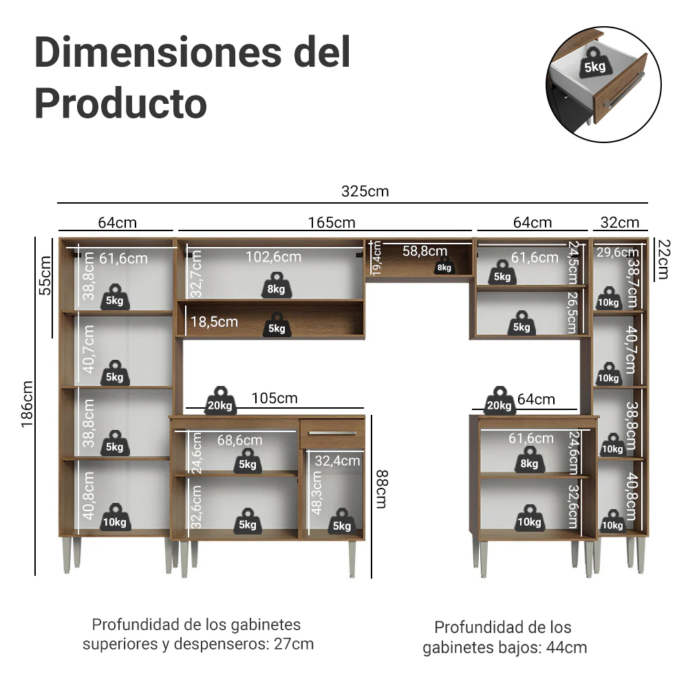 Combo Completo de Cocina 325 cm Negro/Marrón Emilly Joy Madesa - Image 2