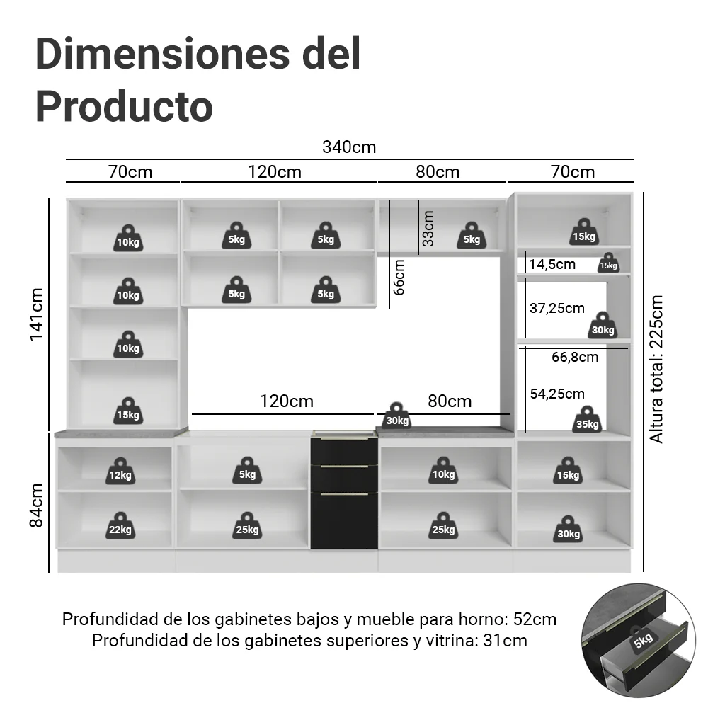 Combo completo de Cocina 340 cm Blanco/Negro Lux Madesa 03 - Image 2