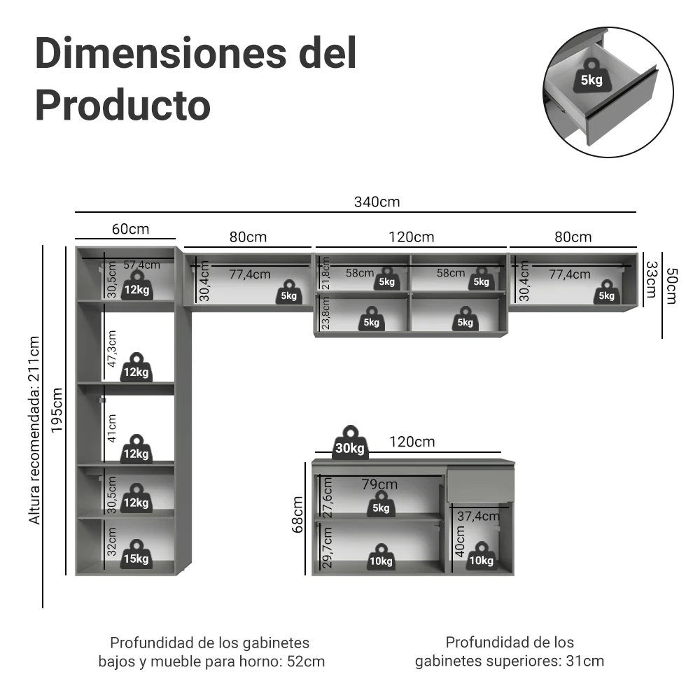 Combo completo de Cocina 340 cm, Flotante Gris Nice 02 - Image 2