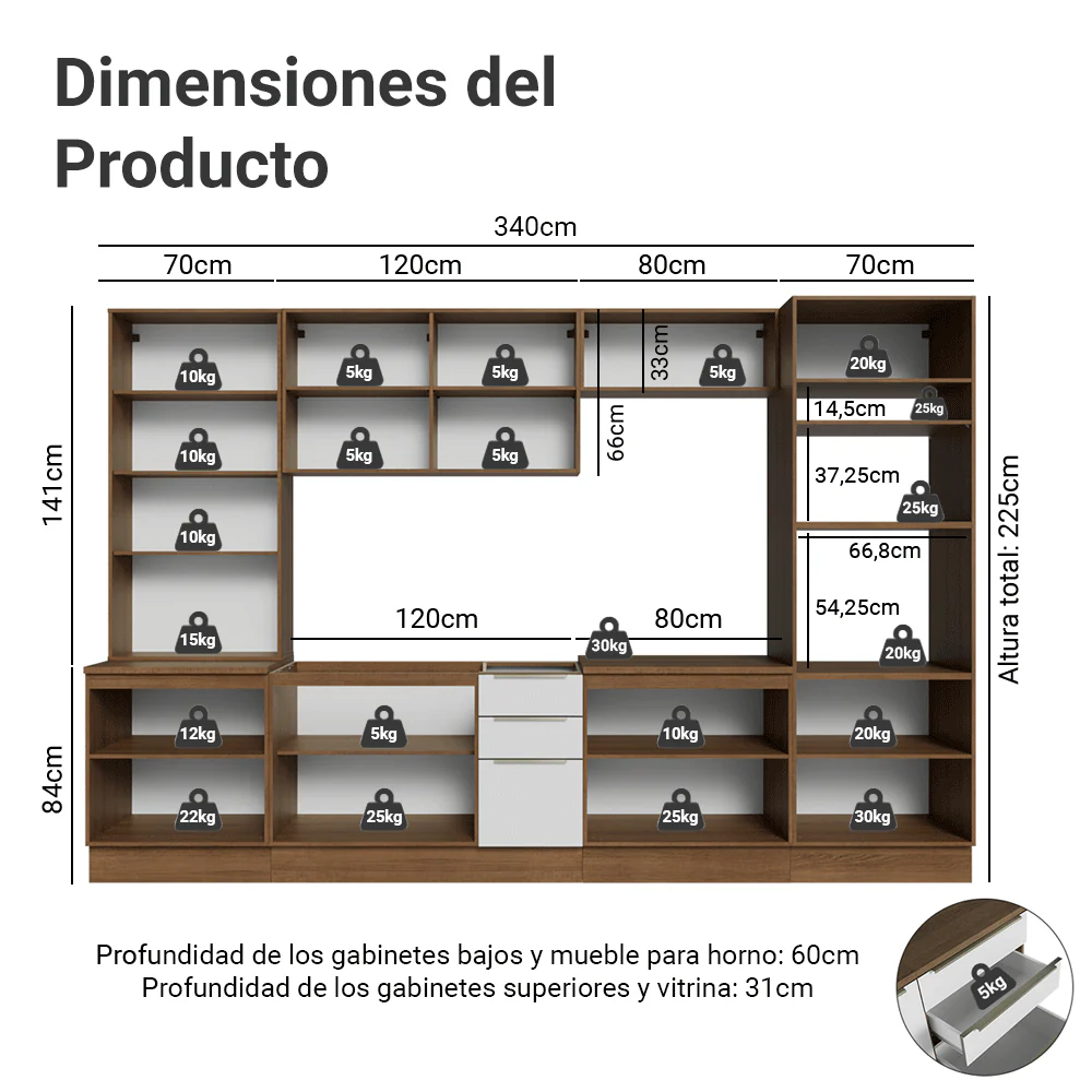 Combo completo de Cocina 340 x 60 cm Marrón/Blanco Aterciopelado Lux Madesa 04 - Image 2