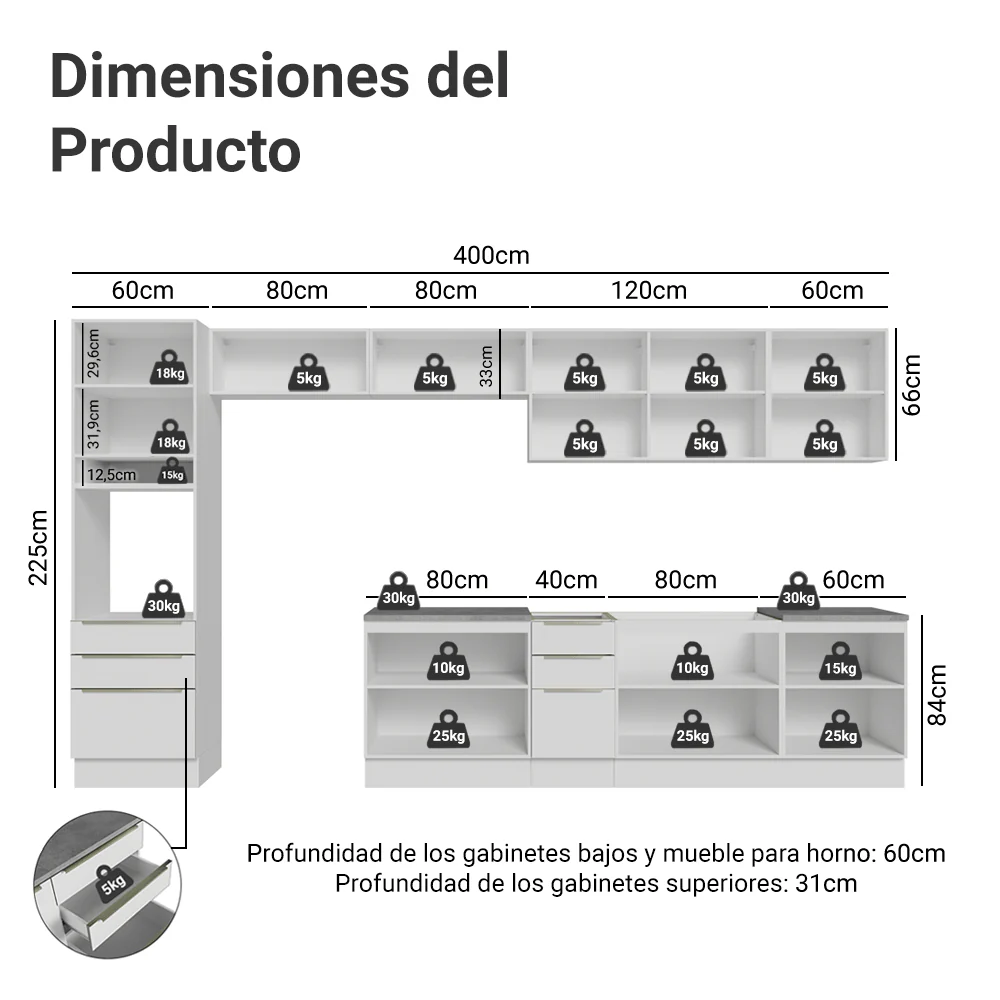 Combo Completo de Cocina 400 x 60 cm Blanco Aterciopelado Lux Madesa - Image 2