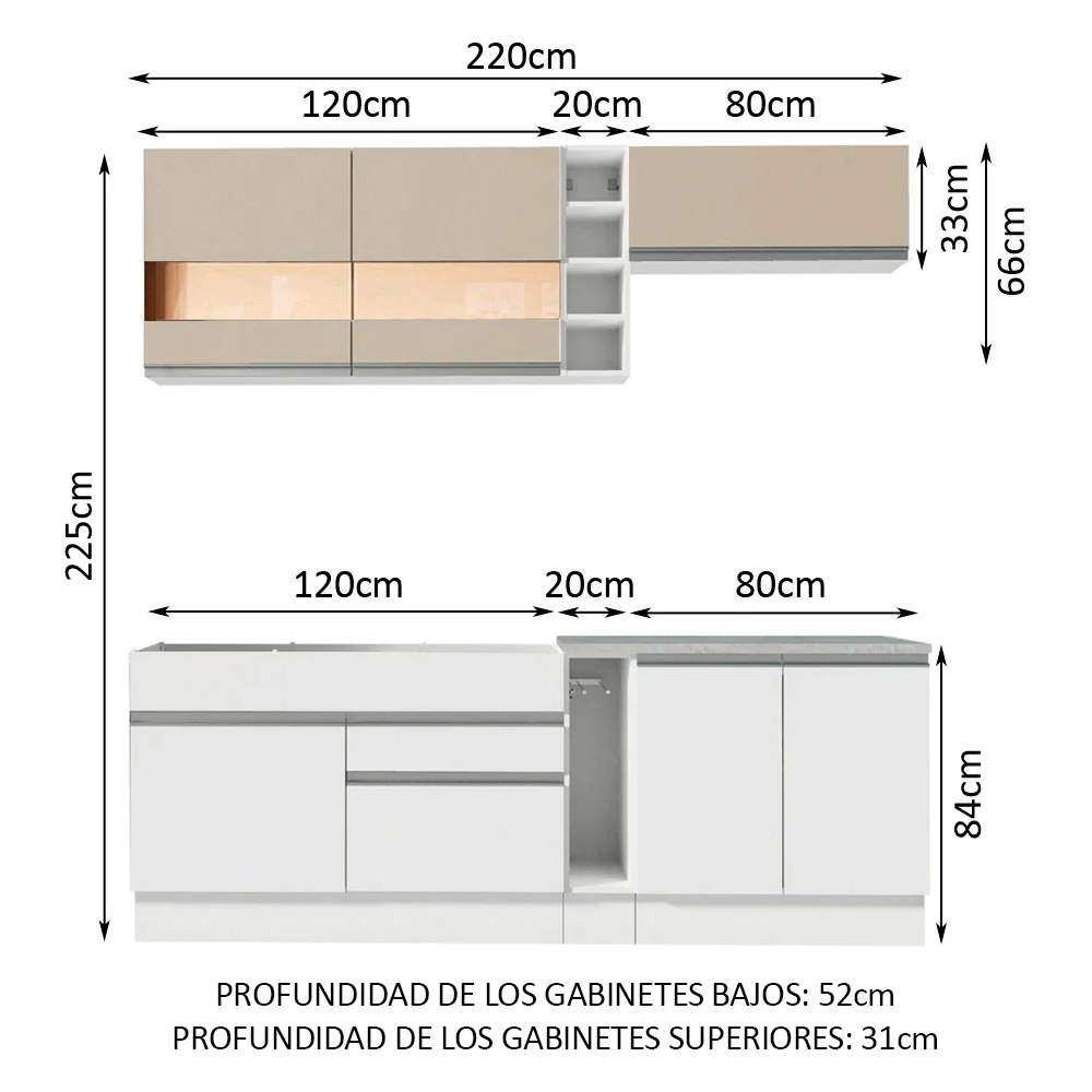 Combo completo de Cocina Compacta Madesa Glamy 220cm Blanco/Blanco/Crema 02 - Image 2