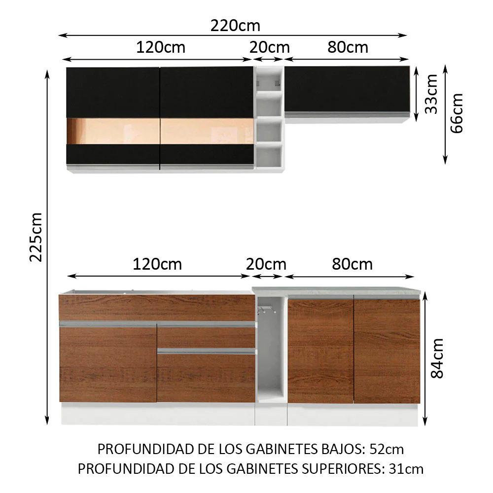 Combo completo de Cocina Compacta Madesa Glamy 220cm Blanco/Marrón/Negro 02 - Image 2