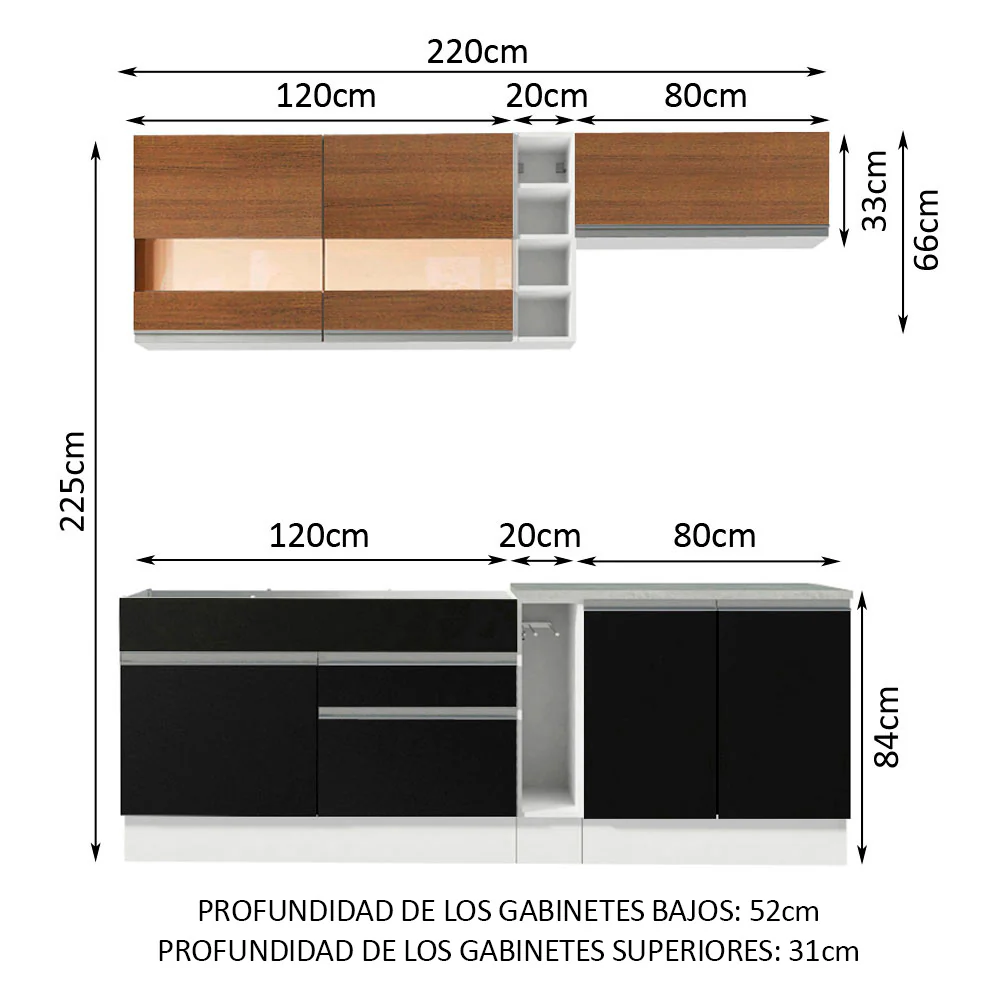 Combo completo de Cocina Compacta Madesa Glamy 220cm Blanco/Negro/Marrón 02 - Image 2