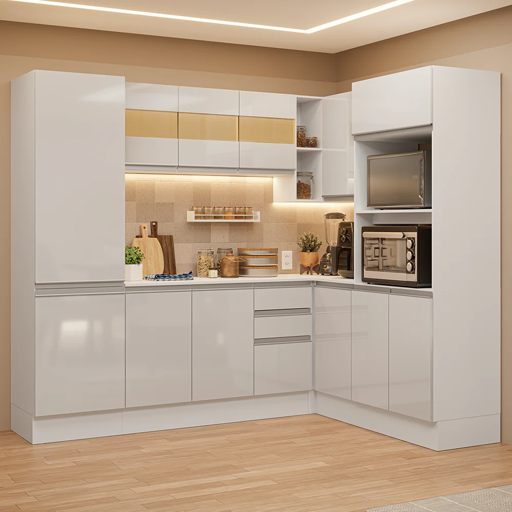 Combo Completo de Cocina Esquinera 100% MDF 377 cm Smart Blanco Brilhante Madesa 01