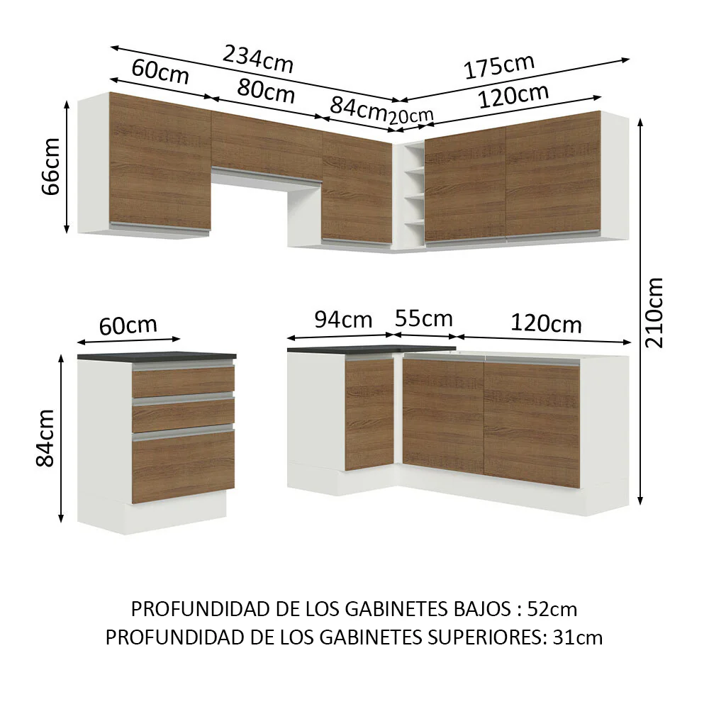 Combo Completo de Cocina Esquinera 100% MDF 409 cm Blanco/Marrón Acordes Madesa 01 - Image 2