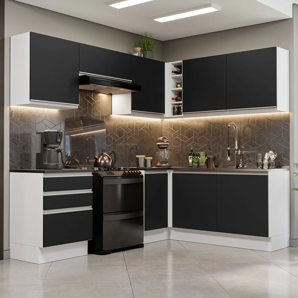 Combo Completo de Cocina Esquinera 100% MDF 409 cm Blanco/Negro Acordes Madesa 01