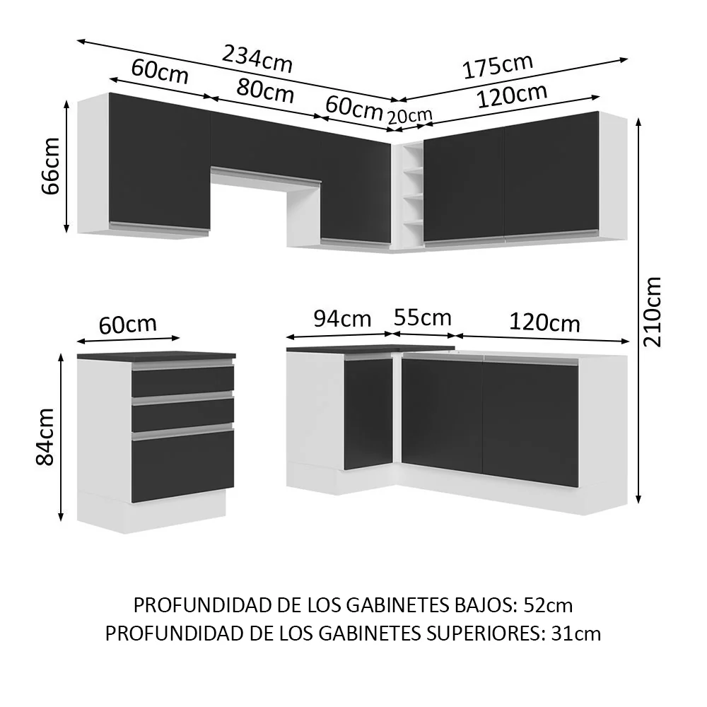 Combo Completo de Cocina Esquinera 100% MDF 409 cm Blanco/Negro Acordes Madesa 01 - Image 2