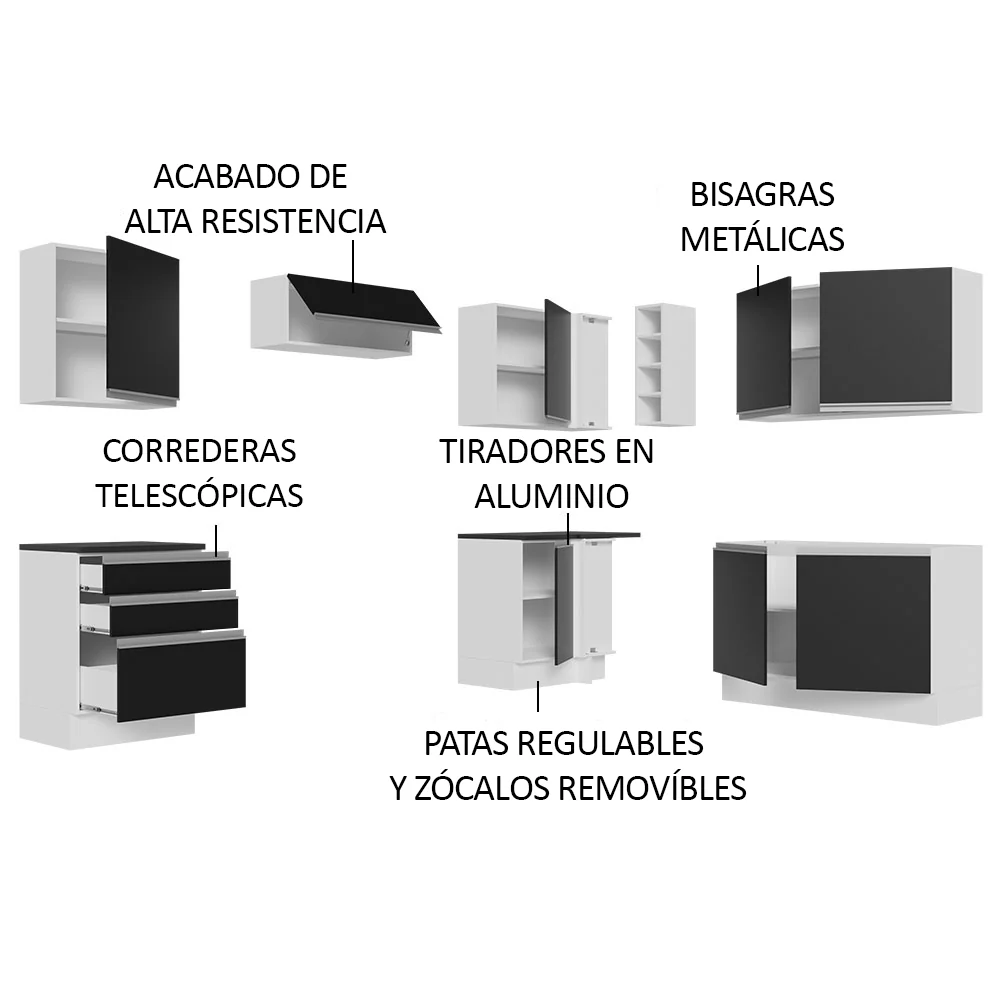 Combo Completo de Cocina Esquinera 100% MDF 409 cm Blanco/Negro Acordes Madesa 01 - Image 4