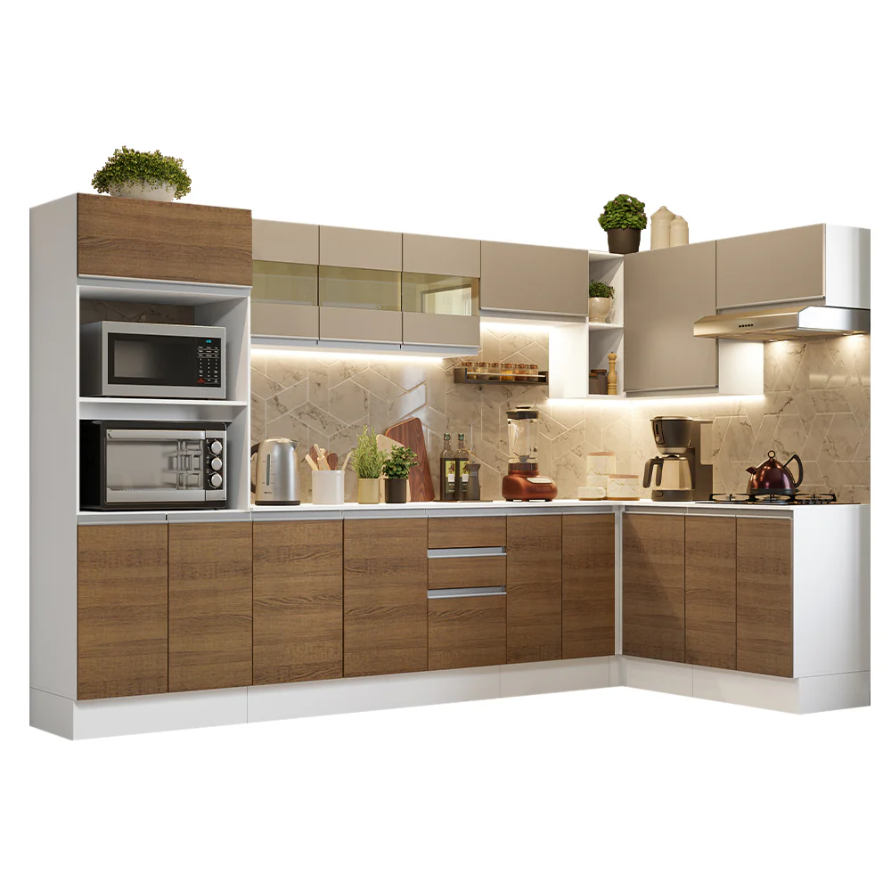 Combo Completo de Cocina Esquinera 100% MDF 448 cm Blanco/Marrón/Crema Smart Madesa 01 - Image 3