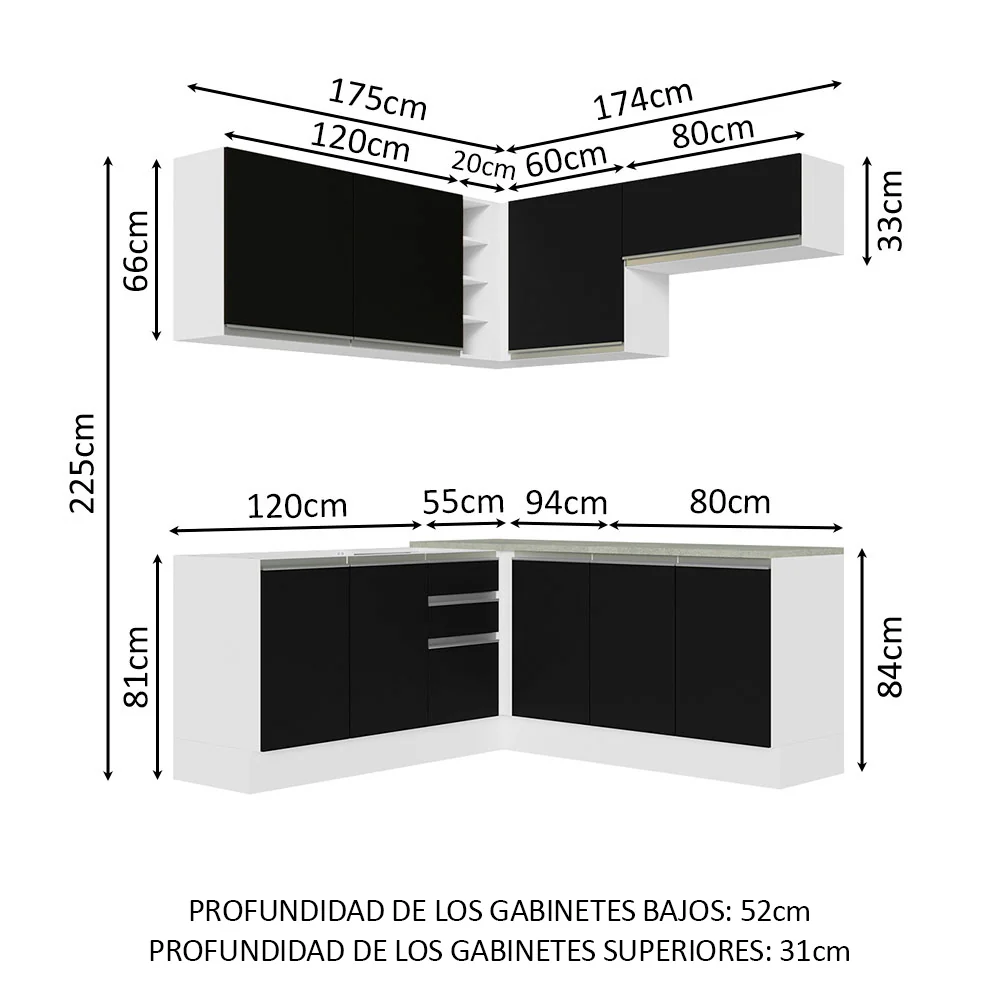 Combo completo de Cocina Esquinera 349cm Blanco/Negro Glamy Madesa 03 - Image 2