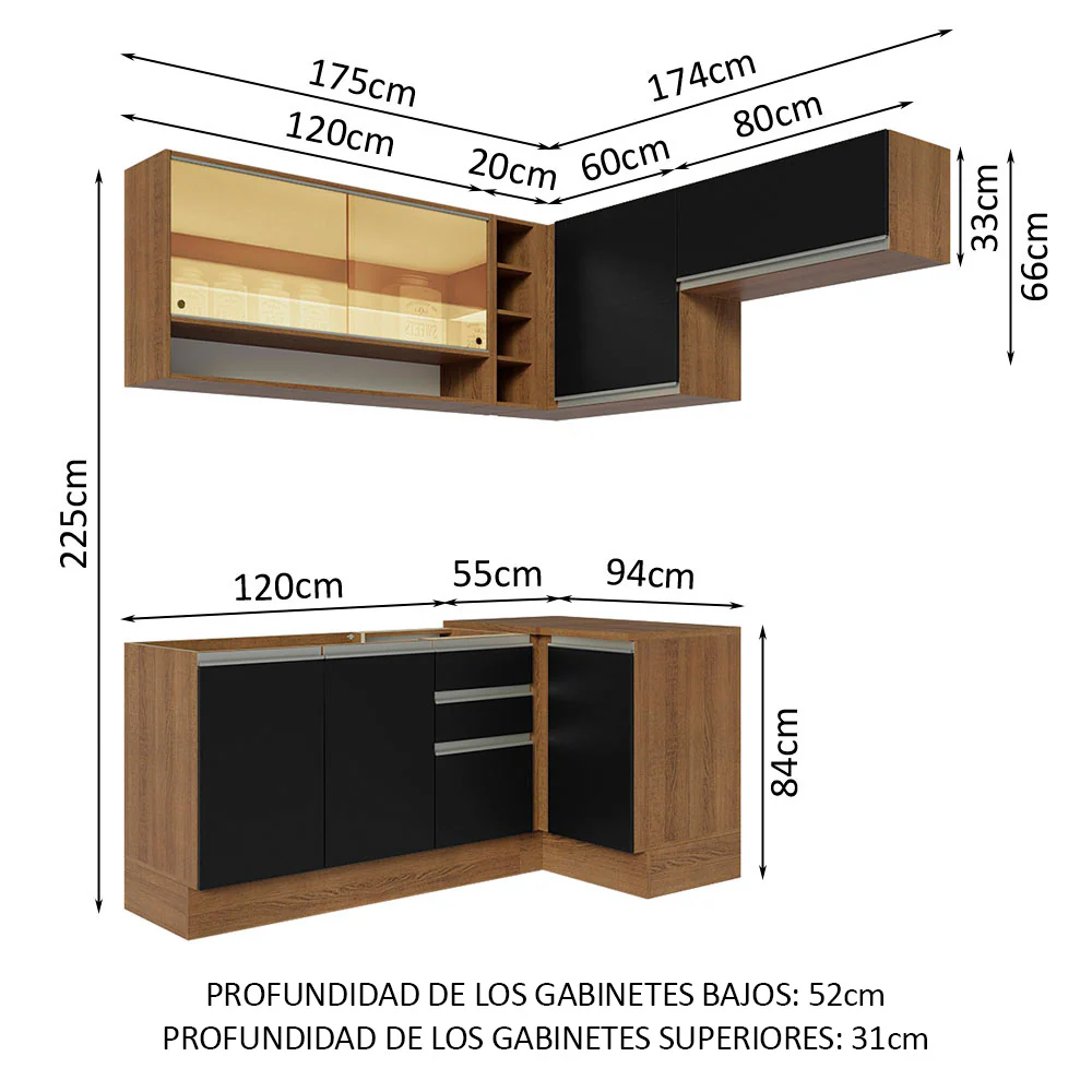 Combo completo de Cocina Esquinera 349cm Marrón/Negro Glamy Madesa 06 - Image 3