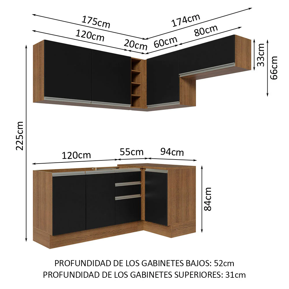Combo completo de Cocina Esquinera 349cm Marrón/Negro Glamy Madesa 07 - Image 3