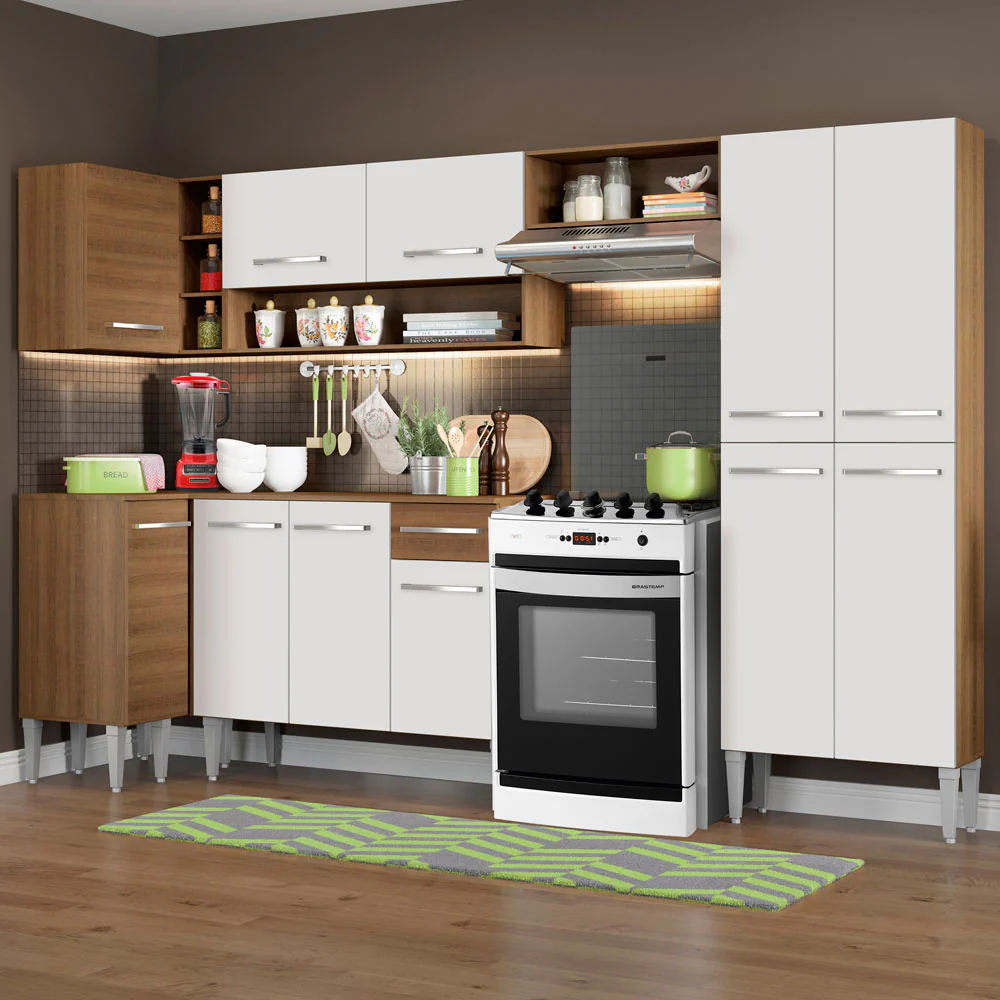 Combo completo de Cocina Esquinera 353cm Emilly Sun Madesa 01 - Marrón/Blanco