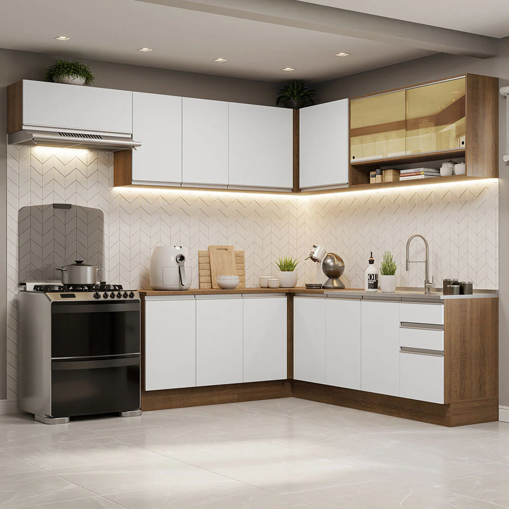 Combo completo de Cocina Esquinera 469cm Marrón/Blanco Glamy Madesa 01