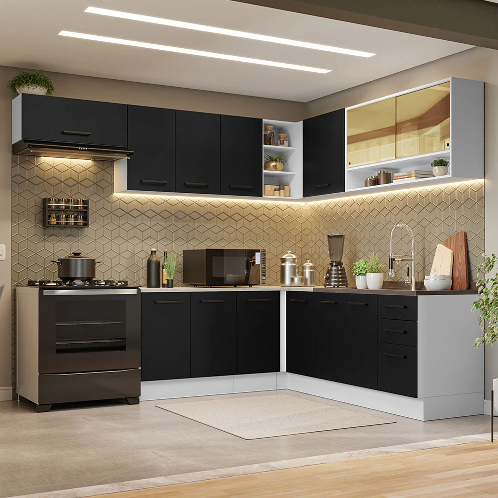 Combo Completo de Cocina Esquinera 486 cm Blanco/Negro 60 cm de Profundidad Agata Madesa 01