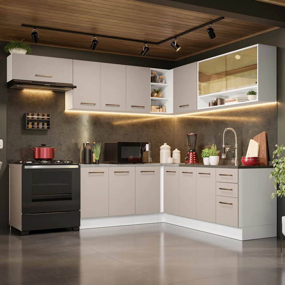Combo completo de Cocina Esquinero 486cm Blanco/Crema 60cm de Profundidad Agata Madesa 01