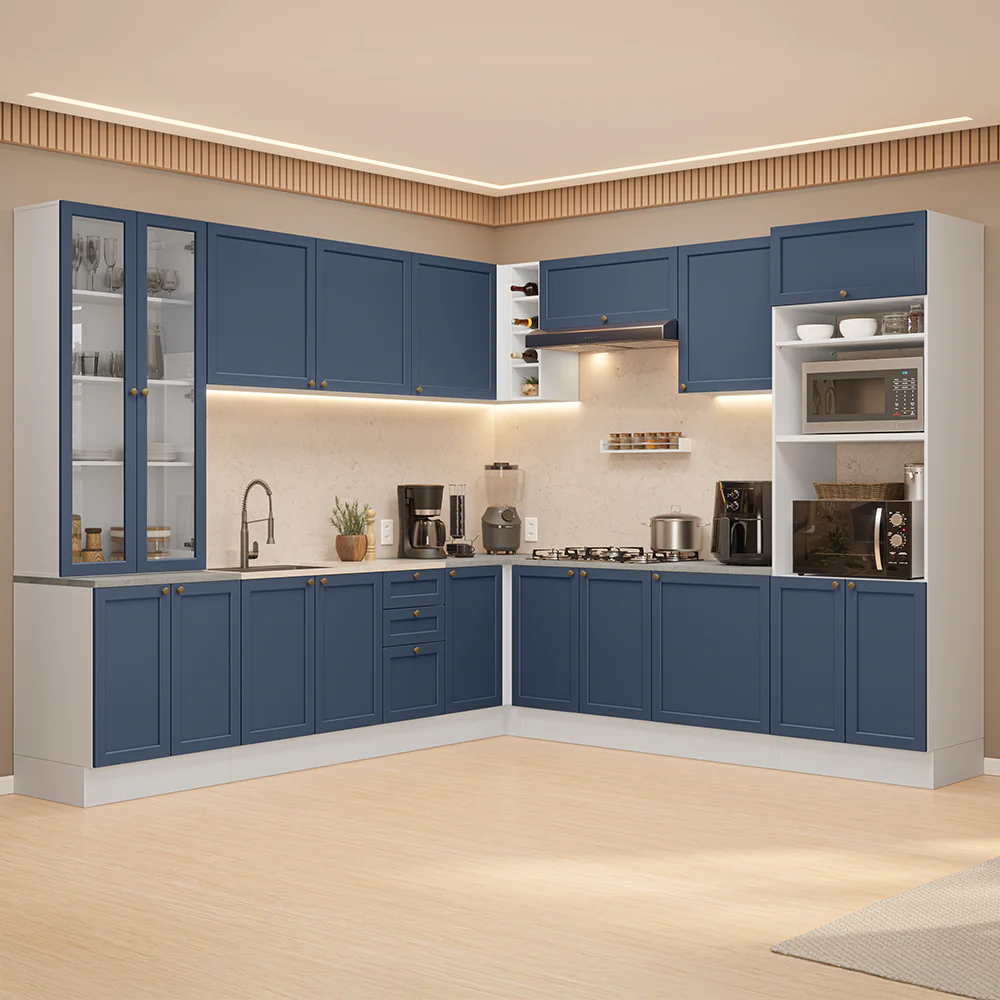 Combo completo de Cocina Esquinero 549 cm Blanco/Azul Vik Madesa 01