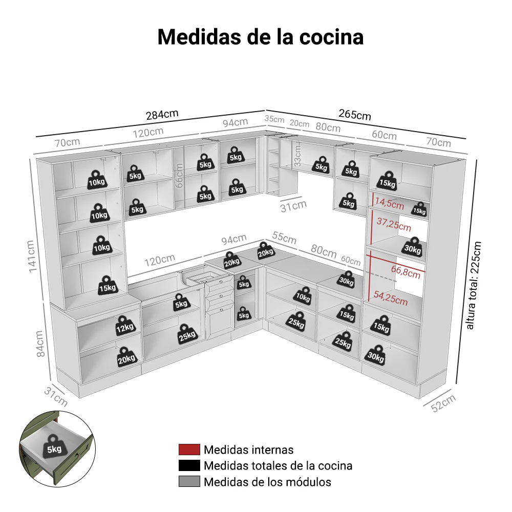 Combo completo de Cocina Esquinero 549 cm Marrón/Verde Vik Madesa 01 - Image 2