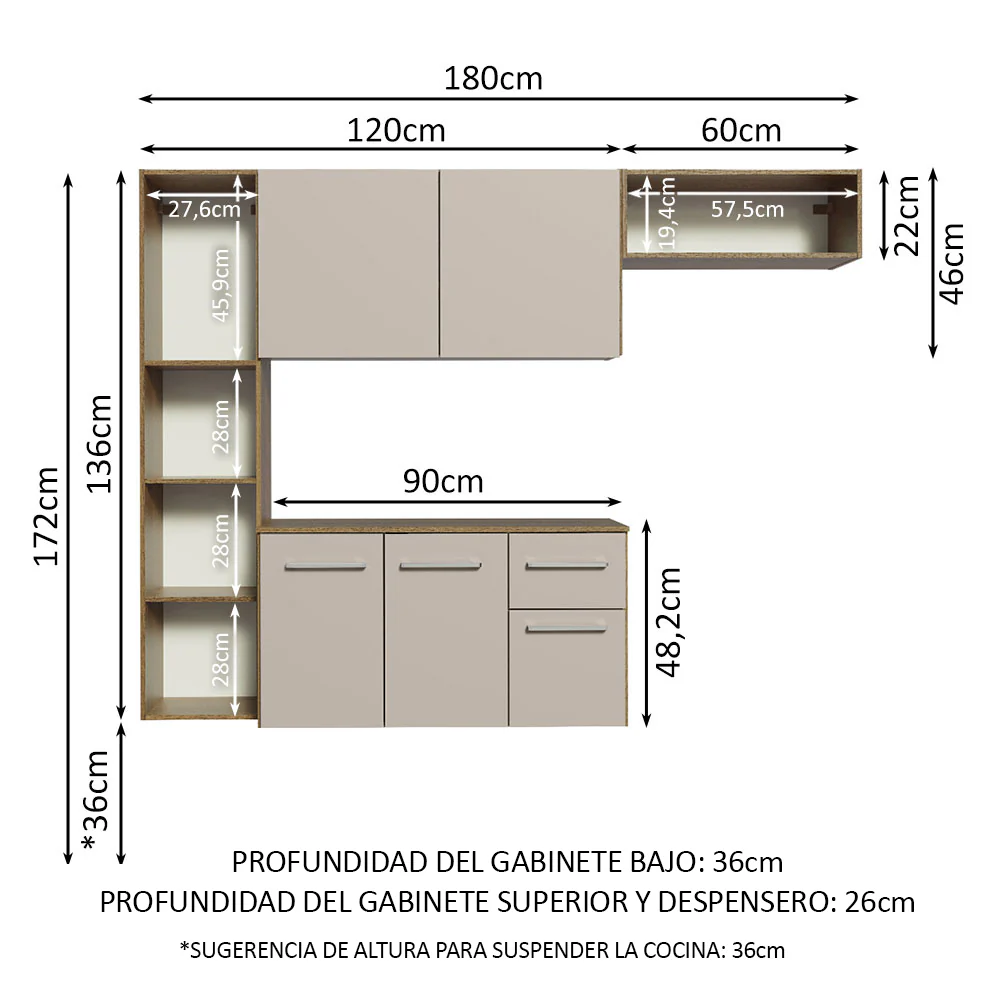 Combo de Cocina Madesa Easy 180cm Marrón/Crema - Image 2
