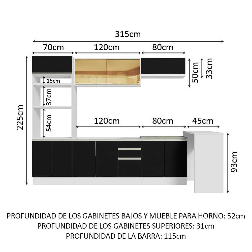 Combo completo de Cocina Madesa Glamy 315cm Blanco/Negro 01 - Image 2