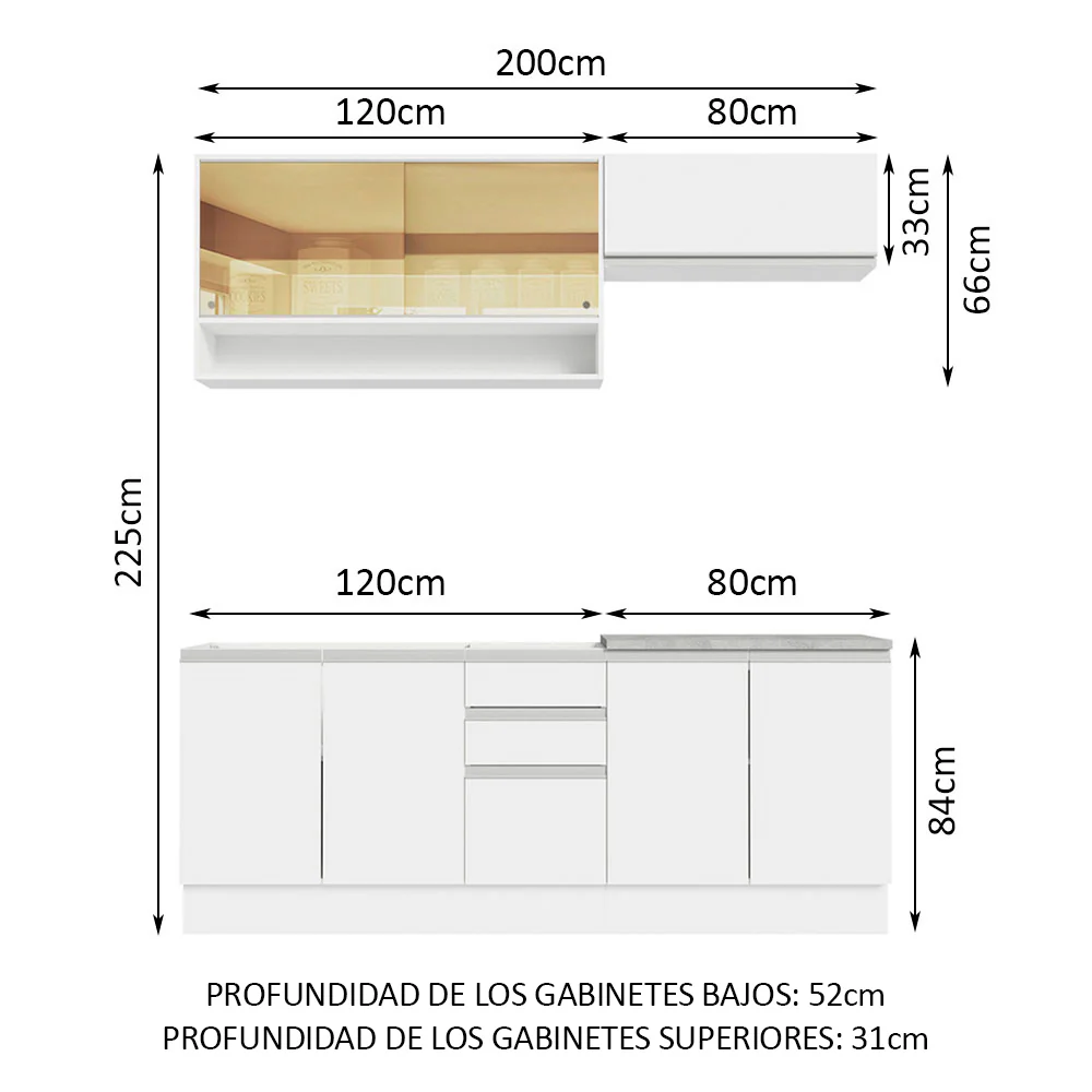Combo de Cocina Madesa Glamy Sin Bacha de acero inoxidable 200 Cm Blanco - Image 3