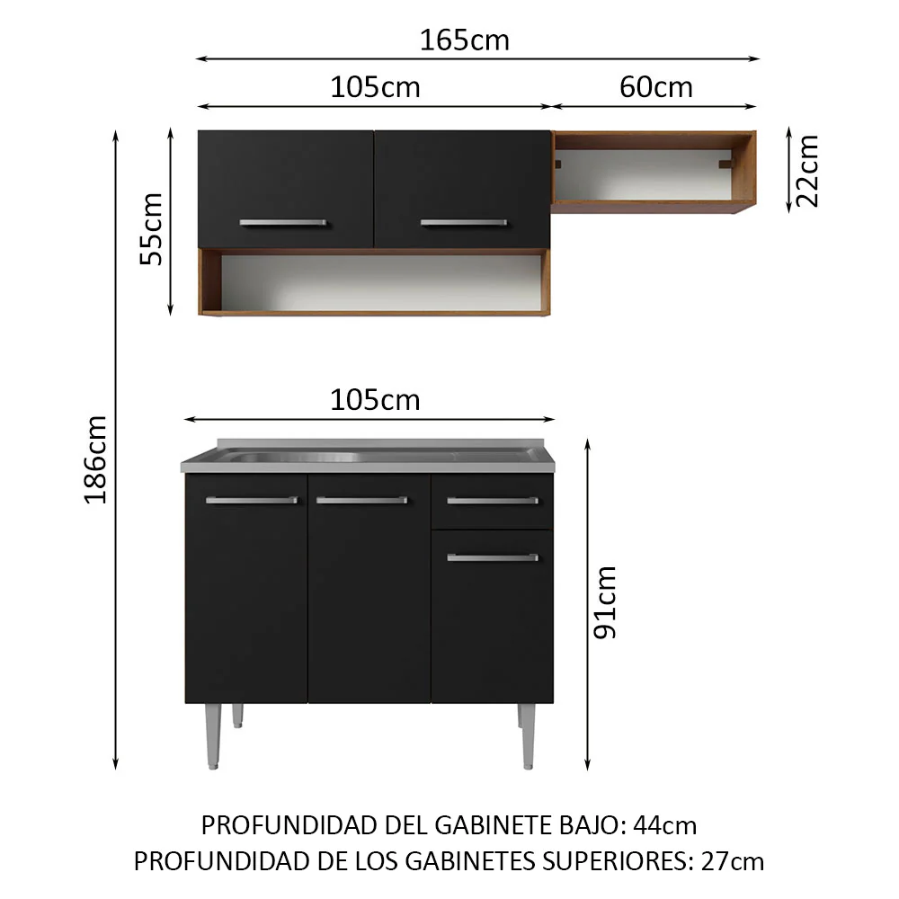 Combo de Cocina 165cm con Bacha de acero inoxidable MM/NN Emilly Madesa 09 MN - Image 3