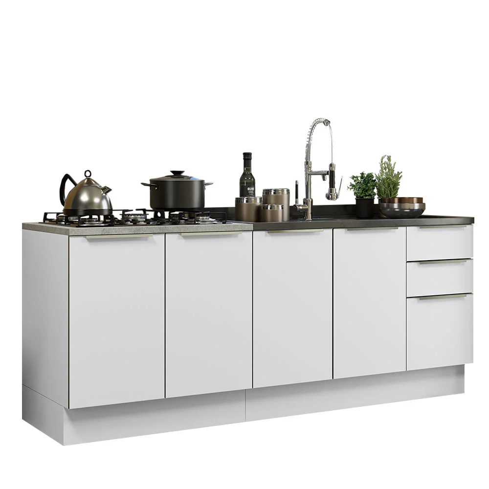 Combo con 2 Bajos Mesadas de Cocina 4 Puetas 3 Cajones 200 x 60 cm (Sin Mesada y Bacha) Blanco/Blanco Aterciopelado Lux Madesa - Image 3