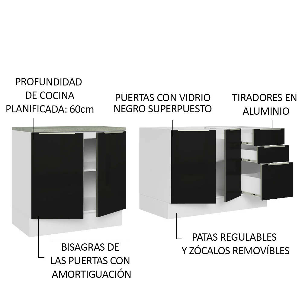 Combo con 2 Bajos Mesadas de Cocina 4 Puetas 3 Cajones 200 x 60 cm (Sin Mesada y Bacha) Blanco/Negro Lux Madesa - Image 4