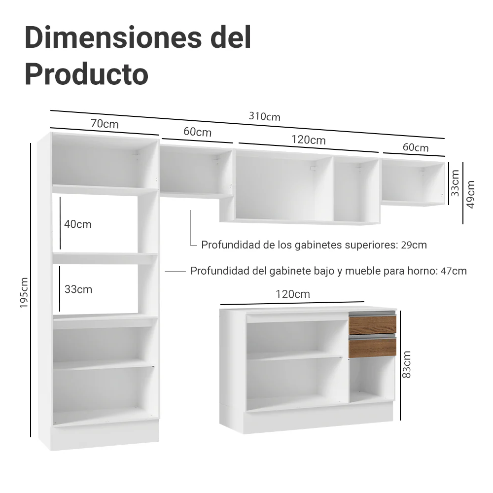 Combo de Cocina 100% MDF 310 cm Smart Blanco/Marrón/Crema 01 - Image 2