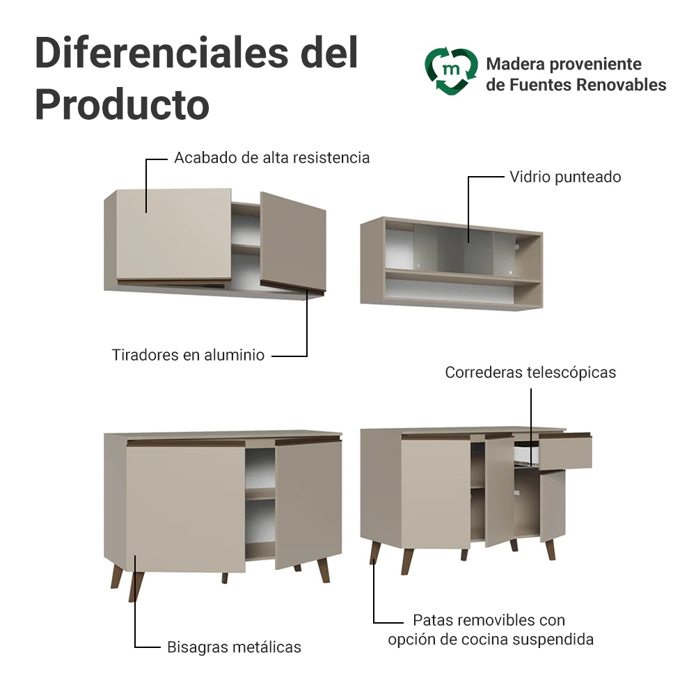 Combo de Cocina 240 cm Con Patas Nice Crema 02 - Image 4