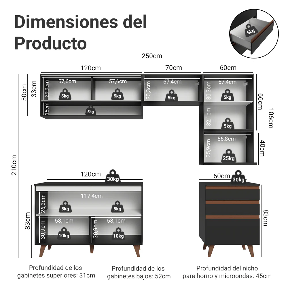 Combo de Cocina 250 cm Reims Negro 10 - Image 2