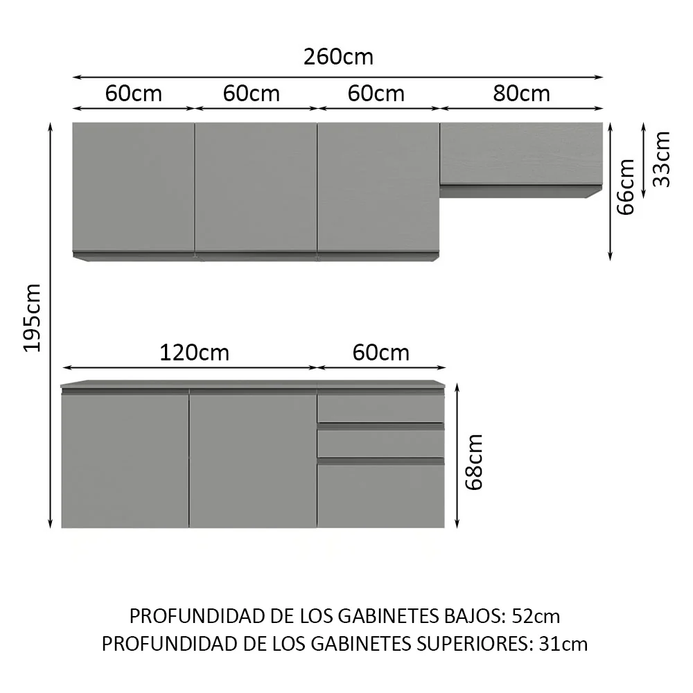 Combo de Cocina 260 cm Sin Patas Nice Gris 13 - Image 2