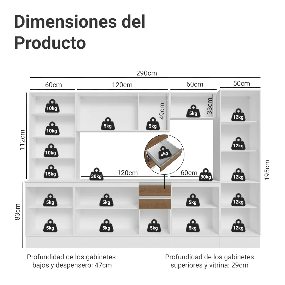 Combo de Cocina 290 cm Smart 100% MDF Blanco/Marrón/Crema 01 - Image 2