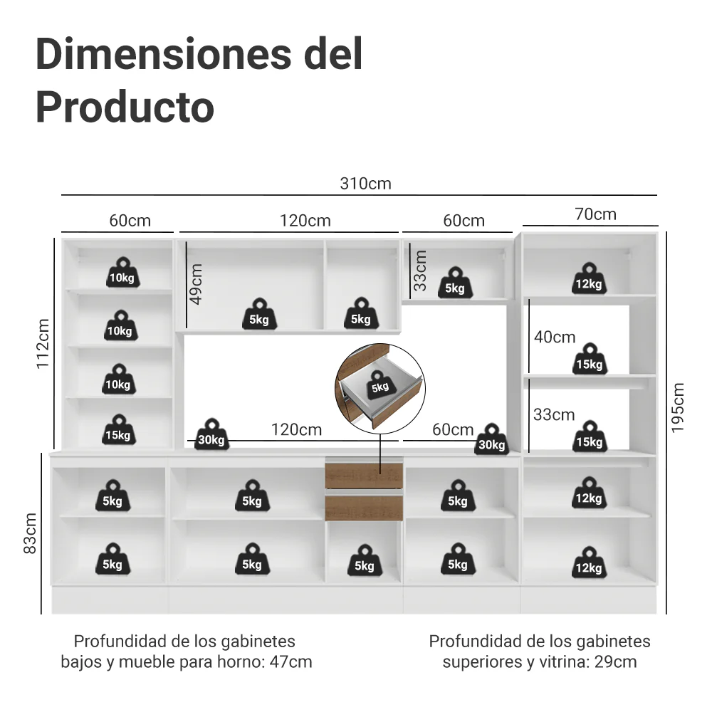 Combo de Cocina 310 cm Smart 100% MDF Blanco/Marrón/Crema 03 - Image 2