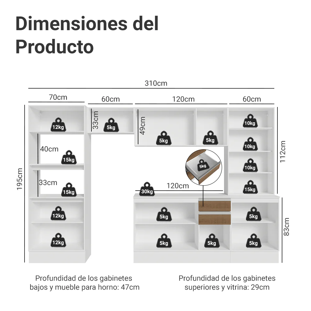 Combo de Cocina 310 cm Smart 100% MDF Blanco/Marrón/Crema 04 - Image 2