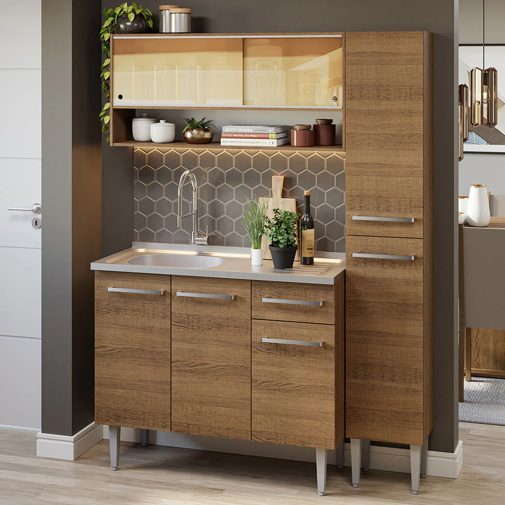Combo de Cocina Compacta 137cm con Bacha de acero inoxidable Marrón Emilly Madesa 10